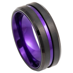 Men's Black And Purple Brushed Wedding Band Tungsten- 8mm Engraved Tungsten Ring