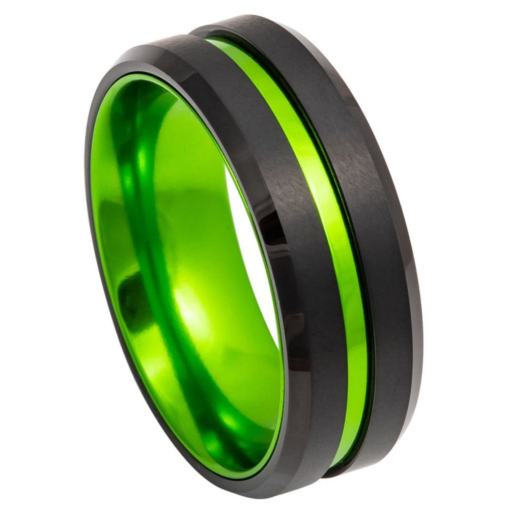 Men's Black and Acid Green Tungsten Carbide Wedding Band- 8mm Engraved Tungsten Ring