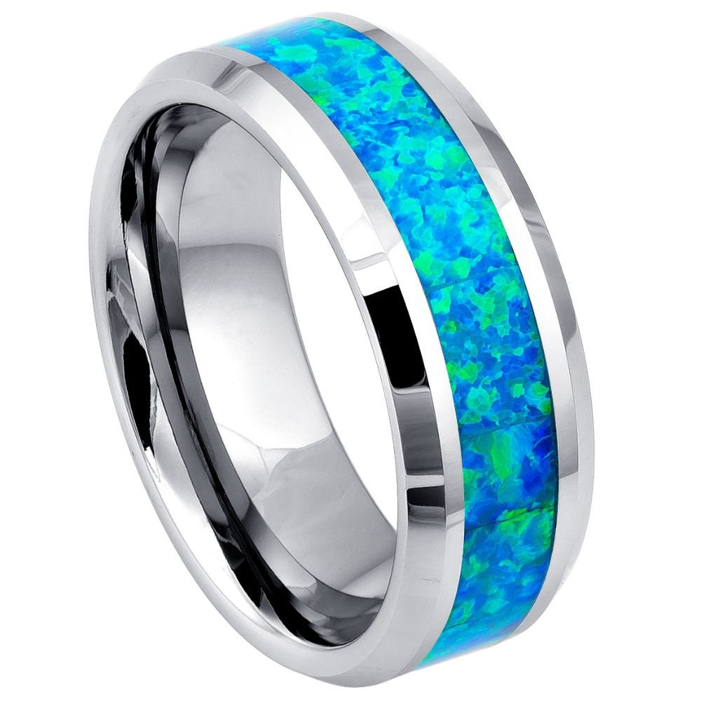 Unisex Blue Green Opal Inlay Wedding Tungsten- 8mm Tungsten Ring