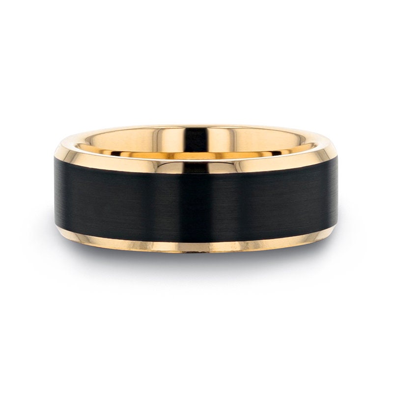 GASTON Gold Plated Tungsten Polished Beveled Ring with Brushed Black Center - 6mm 8mm, Men's Wedding Band, Promise Rings for Men and Women.