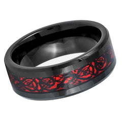 Men's Black Band And Red Celtic Dragon Cut-Out Design Inlay Tungsten Wedding- 8mm Tungsten Ring