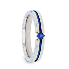 NYMERIA Tension Set Blue Sapphire Titanium Band with Blue Stripe - 4mm Rings, Promise and Wedding Rings, Ladies Titanium Rings.