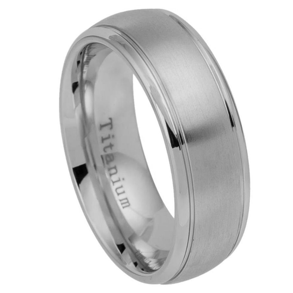 Titanium Ring Brushed Center Shiny Grooved Edge - 8mm Rings, Wedding and Engagement Titanium Rings, Promise Rings