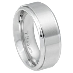 White IP Plated Titanium Ring Brushed Center, Shinny Stepped Edge - 9mm, Wedding and Engagement Titanium Rings, Promise Rings