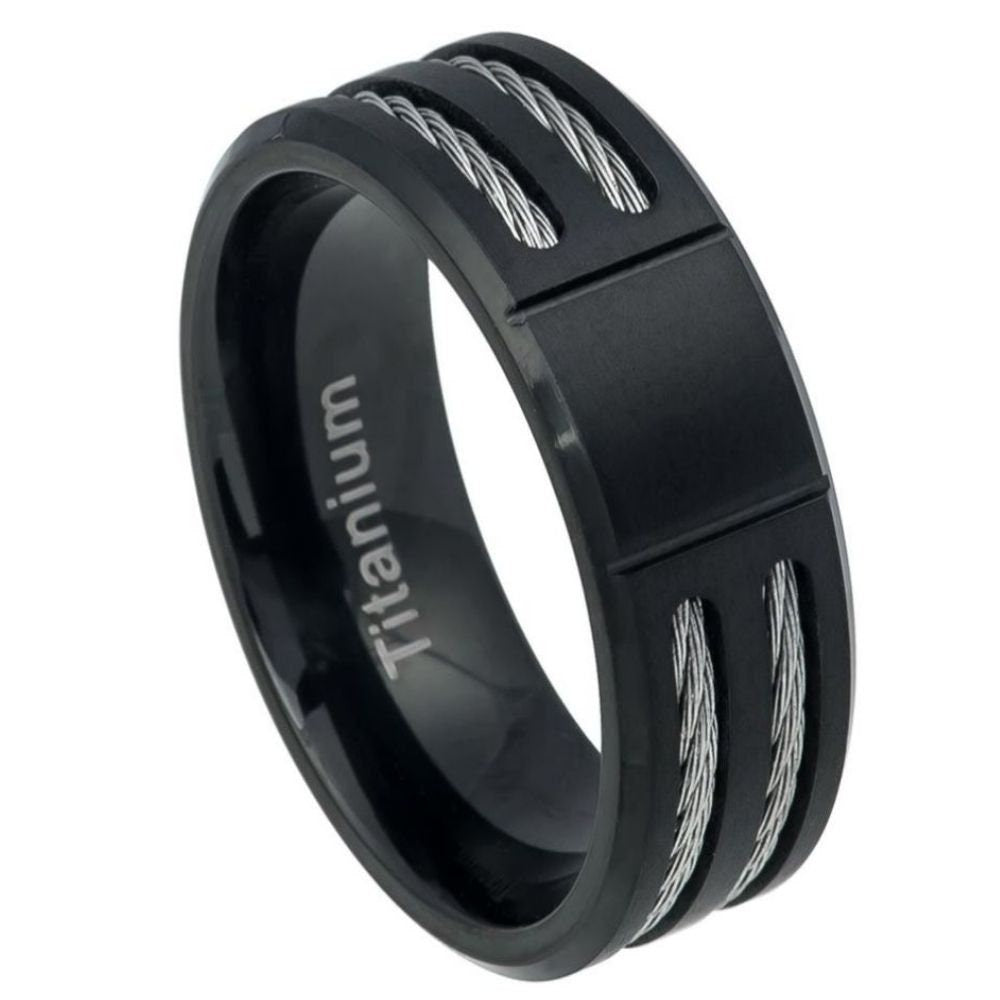 Grooved center Brushed Black IP Plated Titanium Ring Low Beveled Edge with Double Cable Inlay - 8mm, Wedding and Engagement Titanium Rings
