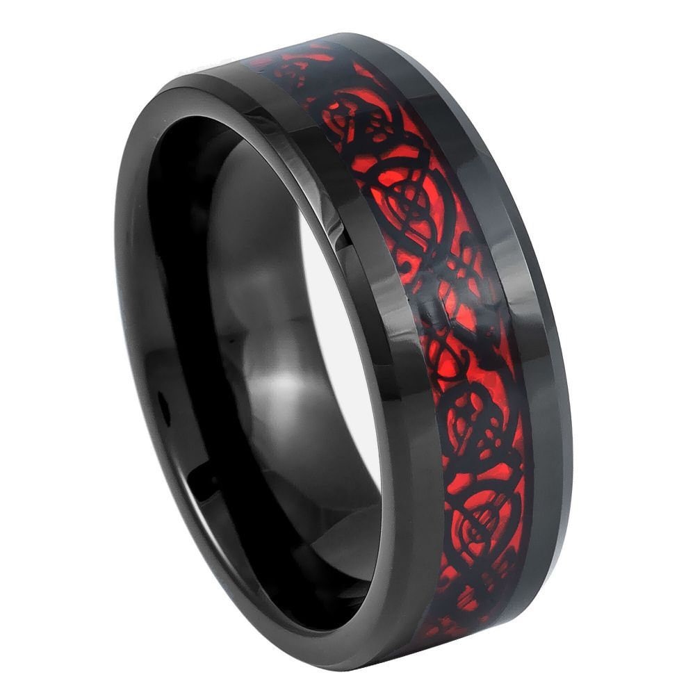Men's Black Band And Red Celtic Dragon Cut-Out Design Inlay Tungsten Wedding- 8mm Tungsten Ring