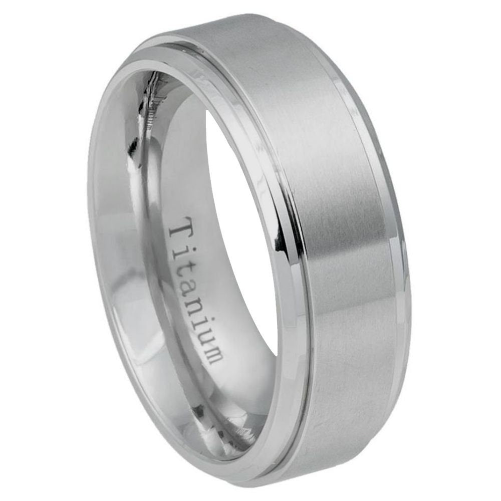 Titanium Ring Flat Brushed Center Polished Shiny Edge - 8mm Rings, Wedding and Engagement Titanium Rings, Promise Rings