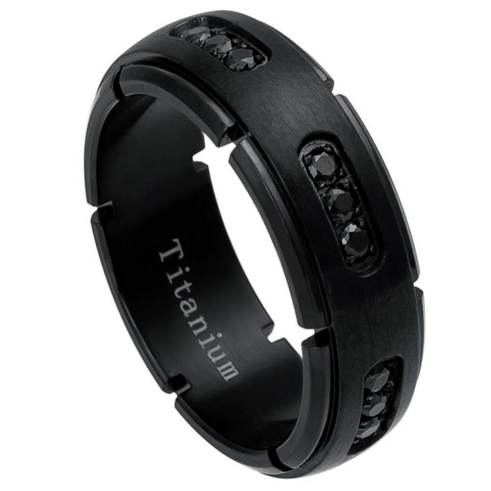 Black IP Plated Titanium Ring With 18 Black CZs - 8mm Rings, Wedding and Engagement Titanium Rings, Promise Rings