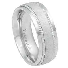 White IP Plated Titanium Ring Satin Finish Center with Milgrain Stepped Edge - 8mm, Wedding and Engagement Titanium Rings, Promise Rings