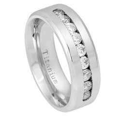 White IP Plated Titanium Ring Brushed Center Shiny Beveled Edge with 9 Channel-set CZs - 8mm, Wedding and Engagement Titanium Rings