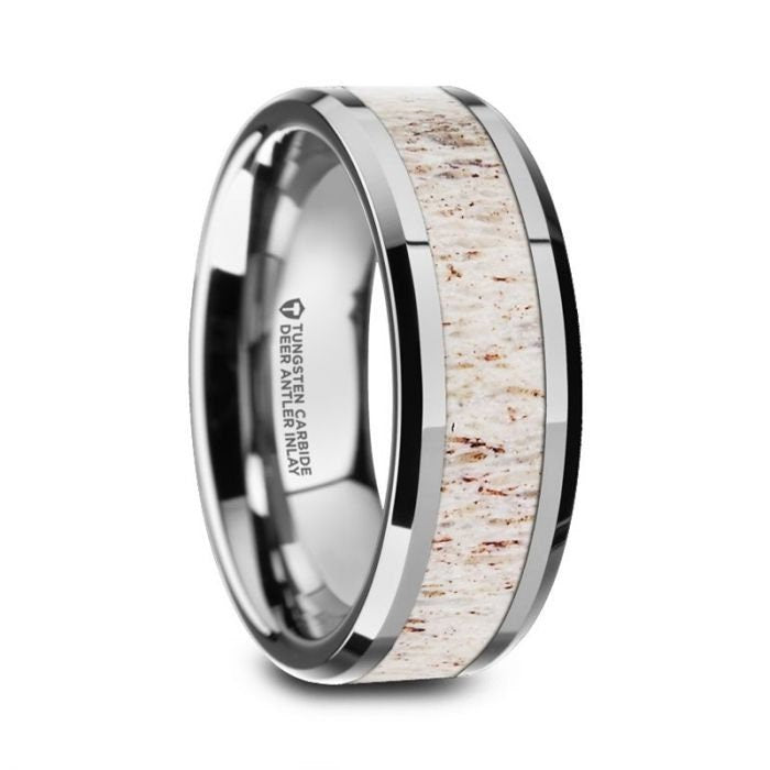 WHITETAIL Polished Beveled Tungsten Carbide Men's Wedding Band with Off-White Deer Antler Inlay - 8mm Wedding and Promise Rings