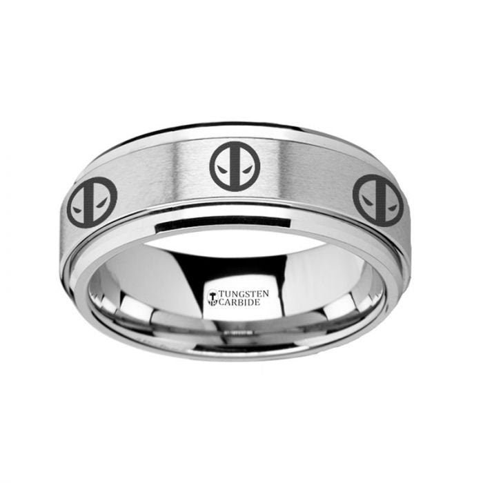 Spinning Engraved Deadpool Mercenary Symbol Tungsten Carbide Spinner Wedding Band - 8mm, Men Wedding Band and Promise Ring.