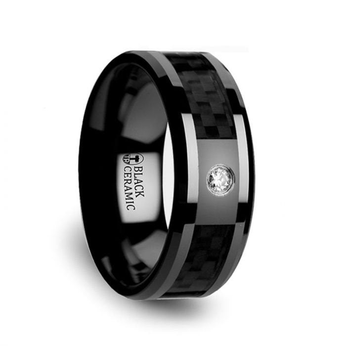 ANGUS Black Ceramic Diamond Wedding Band with Black Carbon Fiber Inlay- 8mm, Men Wedding and Promise Rings