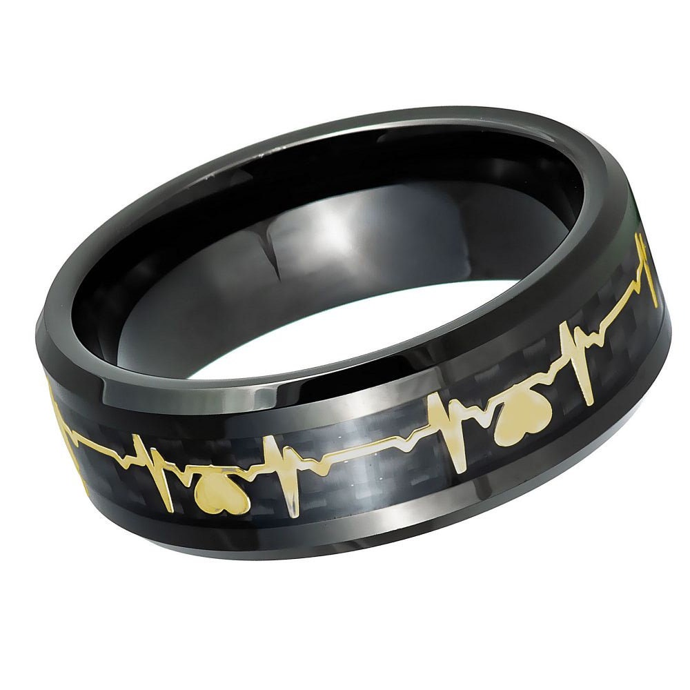 Black IP and Yellow IP EKG Heartbeat Cut-out Inlay- 8mm Tungsten Tungsten Ring