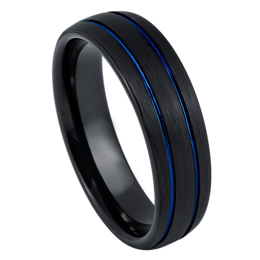 Dome Black IP Tungsten and Two Blue IP Grooves 6mm and 8mm Tungsten Tungsten Ring