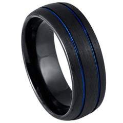 Dome Black IP Tungsten and Two Blue IP Grooves 6mm and 8mm Tungsten Tungsten Ring