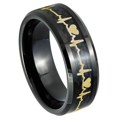 Black IP and Yellow IP EKG Heartbeat Cut-out Inlay- 8mm Tungsten Tungsten Ring
