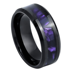 Men's Black IP Plated with Faux Purple Tiger Cowrie Inlay- 8mm Tungsten Tungsten Ring