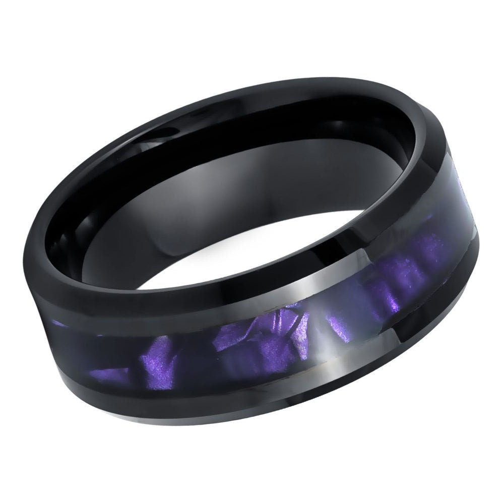 Men's Black IP Plated with Faux Purple Tiger Cowrie Inlay- 8mm Tungsten Tungsten Ring