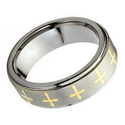 8mm Tungsten Cross Ring for Men – Two-Tone Silver & Gold Laser Engraved Comfort Fit Wedding Band