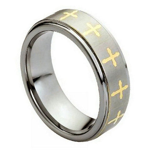8mm Tungsten Cross Ring for Men – Two-Tone Silver & Gold Laser Engraved Comfort Fit Wedding Band