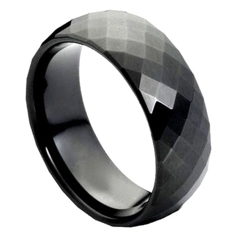 8mm Black Tungsten Faceted Ring – Multi-Faceted Geometric Domed Men's Wedding Band