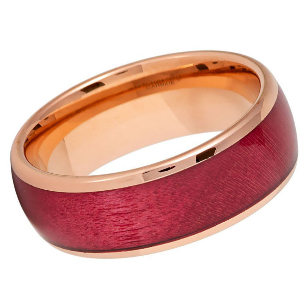 Artisan Rose Gold & Crimson Wood Band — 8mm Comfort Fit