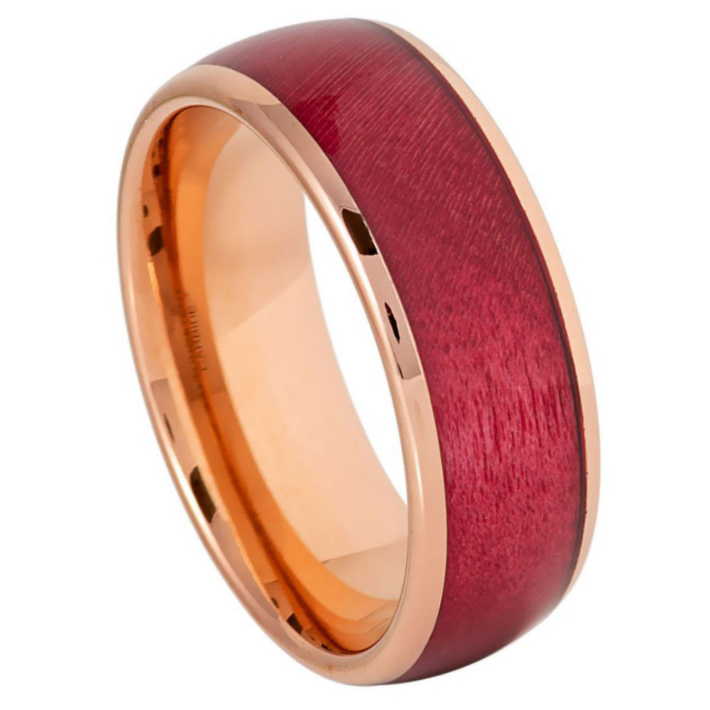 Artisan Rose Gold & Crimson Wood Band — 8mm Comfort Fit