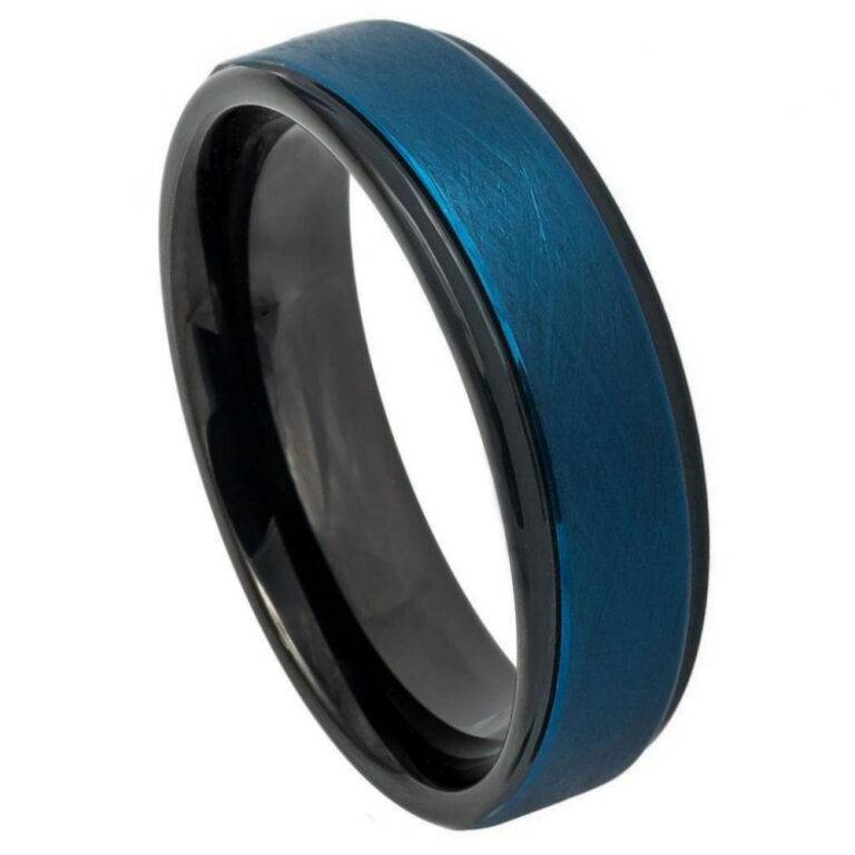 Black & Blue Men's Wedding Band - 6mm Ice Finish Center Stepped Edge Ring