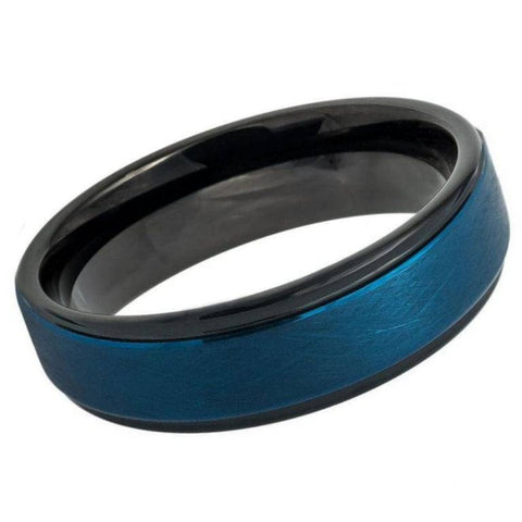 Black & Blue Men's Wedding Band - 6mm Ice Finish Center Stepped Edge Ring