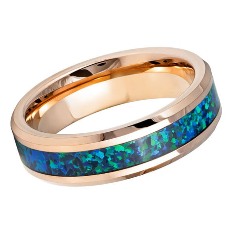 Men's Rose Gold Tungsten Wedding Band with Crushed Emerald Green Opal Inlay – 6mm