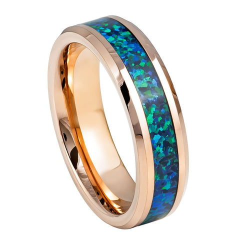 Men's Rose Gold Tungsten Wedding Band with Crushed Emerald Green Opal Inlay – 6mm