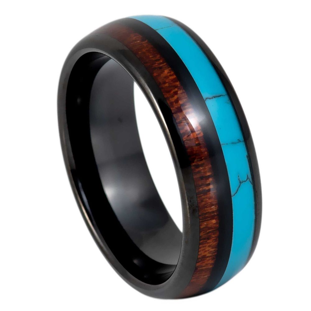 Men's 8mm Black Tungsten Wedding Band with Hawaiian Koa Wood & Turquoise Inlay