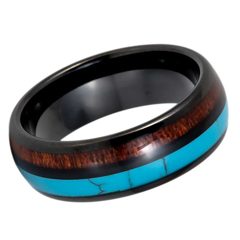 Men's 8mm Black Tungsten Wedding Band with Hawaiian Koa Wood & Turquoise Inlay