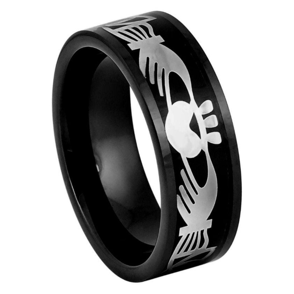 Men's 8mm Black Tungsten Claddagh Ring – Celtic Wedding Band with Laser Cut-Out Design