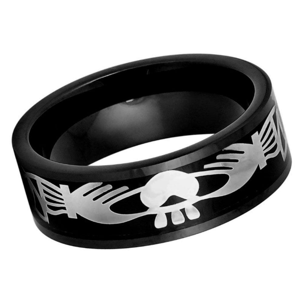 Men's 8mm Black Tungsten Claddagh Ring – Celtic Wedding Band with Laser Cut-Out Design