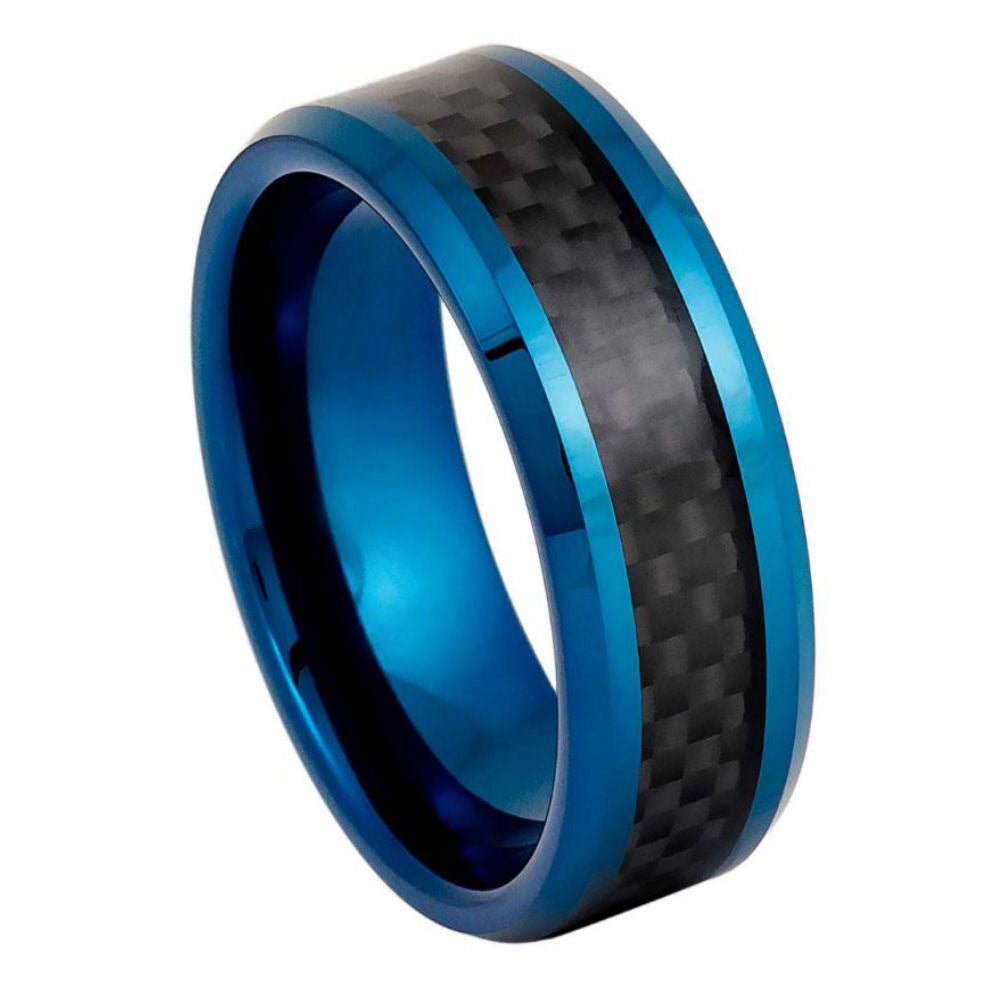 Men's 8mm Blue Tungsten Wedding Band with Black Carbon Fiber Inlay & Beveled Edges