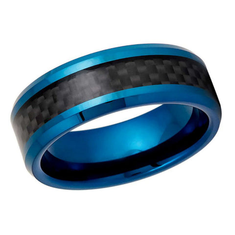 Men's 8mm Blue Tungsten Wedding Band with Black Carbon Fiber Inlay & Beveled Edges