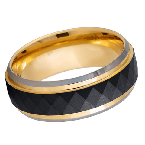 8mm Men’s Black Tungsten Wedding Band with Gold Beveled Edges - Diamond Faceted Comfort Fit Ring
