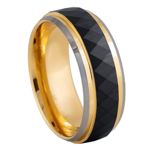 8mm Men’s Black Tungsten Wedding Band with Gold Beveled Edges - Diamond Faceted Comfort Fit Ring