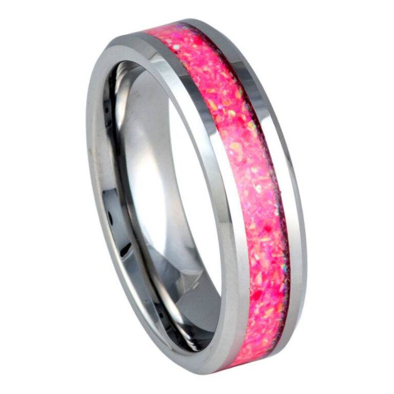 6mm Men's & Women's Silver Tungsten Ring with Crushed Hot Pink Opal Inlay - Polished Comfort Fit Wedding Band