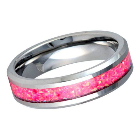 6mm Men's & Women's Silver Tungsten Ring with Crushed Hot Pink Opal Inlay - Polished Comfort Fit Wedding Band