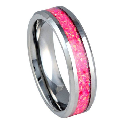 6mm Men's & Women's Silver Tungsten Ring with Crushed Hot Pink Opal Inlay - Polished Comfort Fit Wedding Band