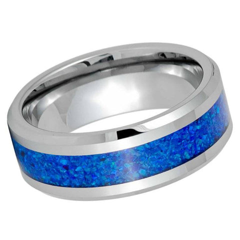 8mm Men’s Silver Tungsten Wedding Band with Crushed Blue Opal Inlay - Polished Beveled Edge Comfort Fit Ring