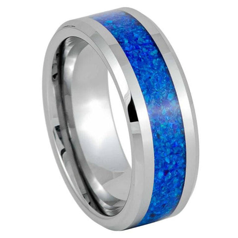 8mm Men’s Silver Tungsten Wedding Band with Crushed Blue Opal Inlay - Polished Beveled Edge Comfort Fit Ring