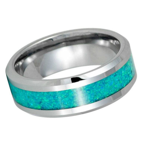 8mm Kiwi Green Opal Inlay Tungsten Carbide Wedding Band – Polished Silver Men's Ring, Comfort Fit