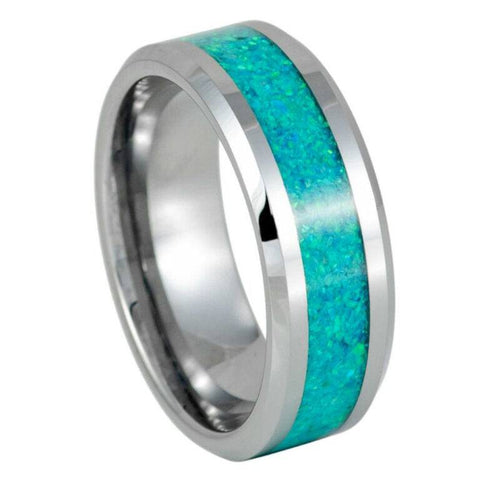 8mm Kiwi Green Opal Inlay Tungsten Carbide Wedding Band – Polished Silver Men's Ring, Comfort Fit