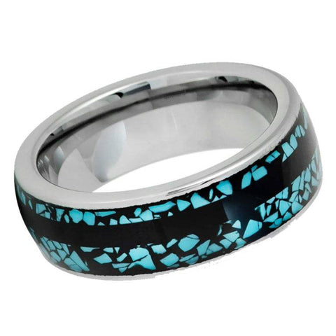 8mm Turquoise & Black Inlay Tungsten Wedding Band – Polished Silver Men's Ring with Crushed Turquoise Fragments, Comfort Fit