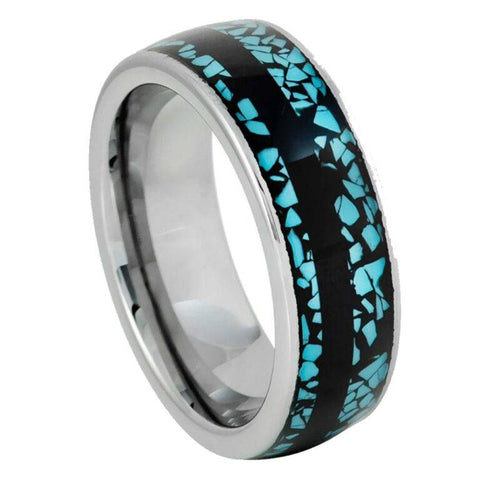 8mm Turquoise & Black Inlay Tungsten Wedding Band – Polished Silver Men's Ring with Crushed Turquoise Fragments, Comfort Fit