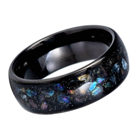 8mm Black Tungsten Galaxy Ring – Crushed Multi-Color Fire Opal Inlay Wedding Band, Domed Polished Men's Ring, Comfort Fit
